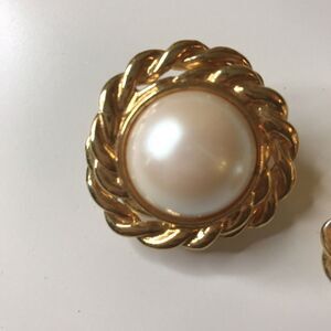 Vintage Earrings Extra Large Button style Clip On Faux pearl goldtone 1980s glam